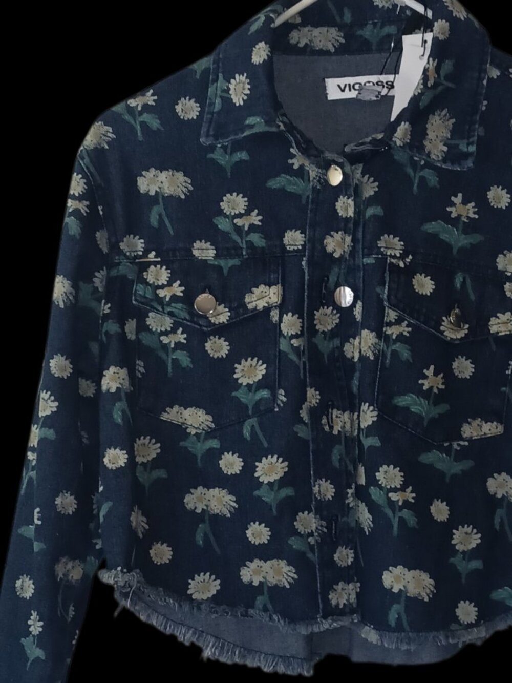 NWT Vigoss Floral Denim Jacket Distressed Hem
